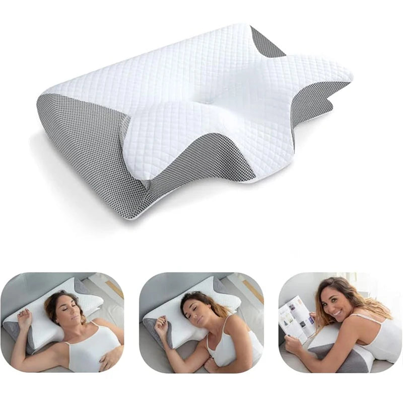 Oreiller cervical mousse mémoire 2 en 1 ergonomique soulagement douleurs cou
